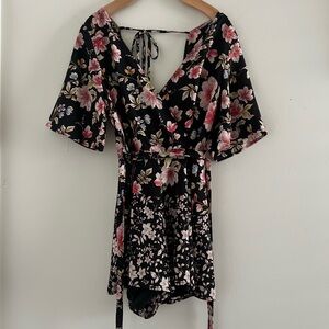 Floral Black and Pink Open Back Dressy Romper Sz XS/S